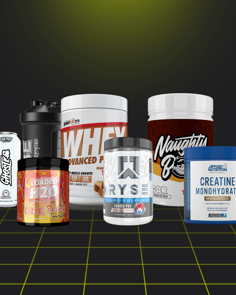 Built Bundle muscle-building supplement stack featuring Per4m Whey, Applied Nutrition Creatine, Naughty Boy Cream of Rice, Ryse Pre-Workout and CNP Loaded H2O – 100 Supplements Kent.