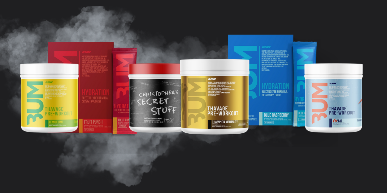 RAW Nutrition supplement range – Thavage pre-workout products and hydration, available at 100 Supplements Kent